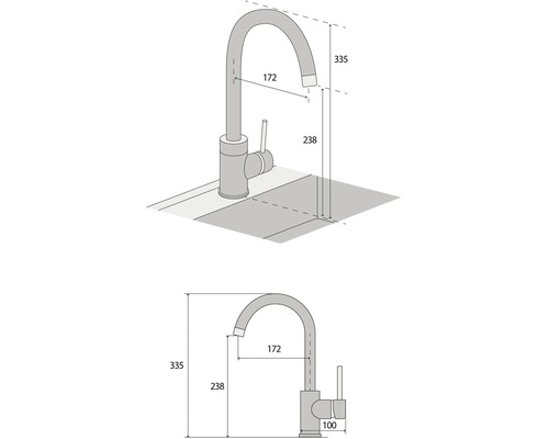 Technický nákres kuchynskej batérie s rozmermi