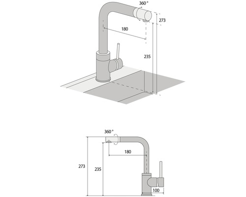 Nákres kuchynskej batérie s rozmermi