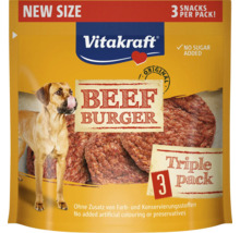 Psia pochúťka Vitakraft Beef Burger v trojbalení s upozornením na novú veľkosť a bez pridaného cukru