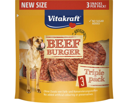 Maškrta pre psov Vitakraft Beef Burger 3 ks 27 g Psia pochúťka Vitakraft Beef Burger v trojbalení s upozornením na novú veľkosť a bez pridaného cukru