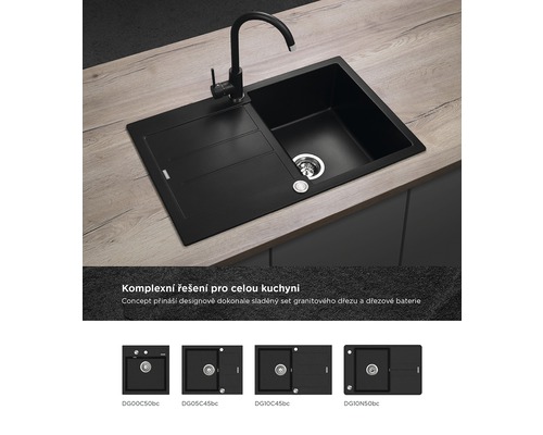 Čierny kuchynský drez s odkvapkávacou plochou a batériou na pracovnej doske