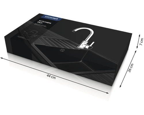 Balenie kuchynskej batérie s rozmermi 44 x 26 x 7 cm