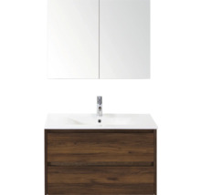 Kombinácia umývadla so zrkadlovou skrinkou, bielym umývadlom a spodnou skrinkou s dvomi zásuvkami