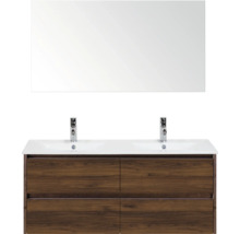 Umývadlo so zrkadlom a drevenou spodnou skrinkou do kúpeľne