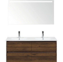 Umývadlová zostava s dvoma umývadlami, spodná skrinka so zásuvkami a zrkadlo s osvetlením