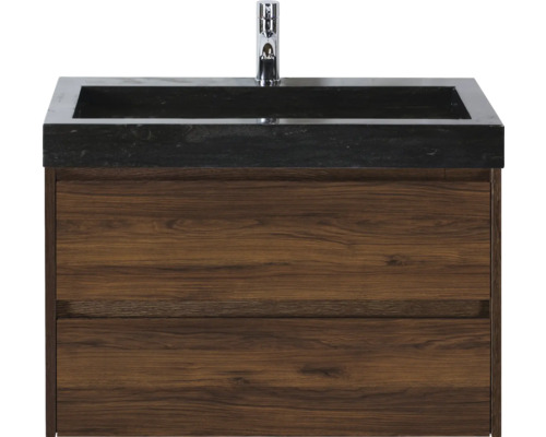 Skrinka pod umývadlo s dvomi zásuvkami, čierne umývadlo a vodovodná batéria