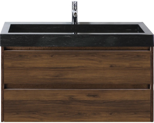 Skrinka pod umývadlo s čiernym umývadlom a dvoma zásuvkami