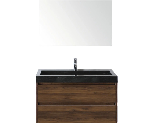 Umyvadlová zostava so zrkadlom, umývadlo z kameňa, spodná skrinka s dvoma zásuvkami a armatúrou