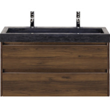 Skrinka pod umývadlo s dvoma zásuvkami a tmavou umývadlovou doskou