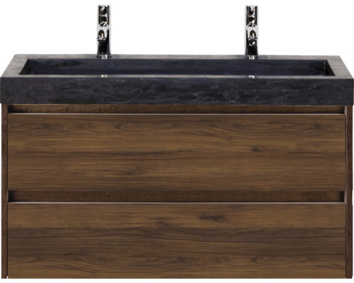 Skrinka pod umývadlo s dvoma zásuvkami a tmavou umývadlovou doskou