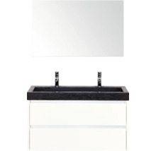 Skrinka pod umývadlo so zrkadlom, čiernou umývadlovou doskou a bielymi zásuvkami