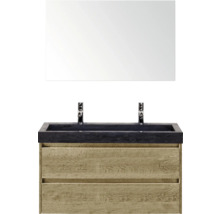 Umývadlo so zrkadlom, skrinkou a dvoma batériami