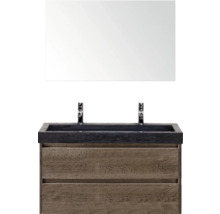 Kúpeľňová umývadlová zostava so zrkadlom, umývadlom a dvojramennou batériou