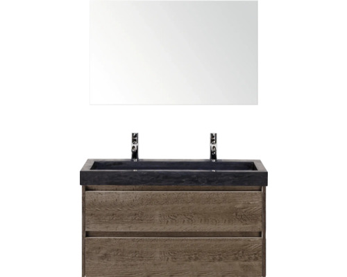 Kúpeľňová umývadlová zostava so zrkadlom, umývadlom a dvojramennou batériou