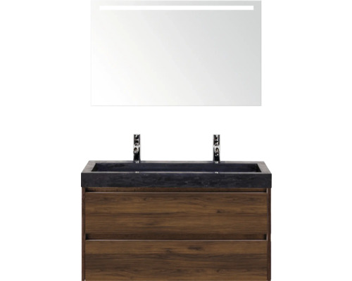 Kúpeľňová zostava Sanox Dante 101 cm vlašský orech Umývadlová zostava so zrkadlom a drevenou spodnou skrinkou
