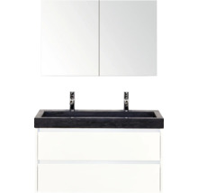 Umývadlová zostava so zrkadlom, čiernym umývadlom a bielymi zásuvkami