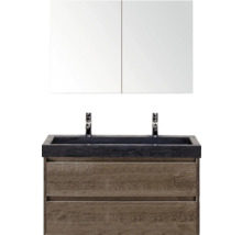 Skrinka pod umývadlo so zrkadlom, dvoma zásuvkami a čiernym kamenným umývadlom