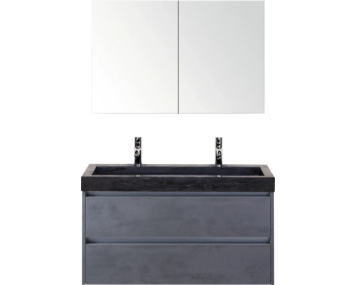 Umývadlo s dvomi umývadlami, spodnou skrinkou a zrkadlovou skrinkou