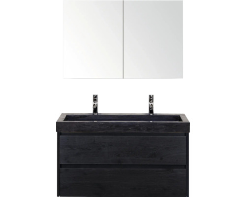 Kúpeľňová zostava s dvomi zásuvkami, umývadlom a zrkadlovou skrinkou