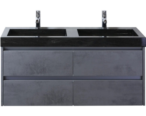Kúpeľňová zostava Sanox Dante 121 cm betón antracit Skrinka pod umývadlo s dvomi umývadlami a štyrmi zásuvkami