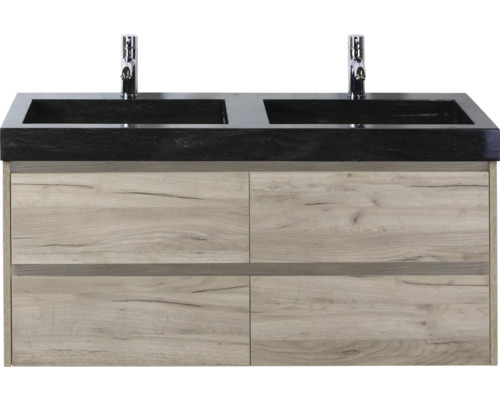 Kúpeľňová zostava Sanox Dante 121 cm craft oak Skrinka pod umývadlo s dvojitým umývadlom a štyrmi zásuvkami