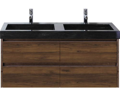 Kúpeľňová zostava Sanox Dante 121 cm vlašský orech Skrinka pod umývadlo s dvoma umývadlami, batériami a drevenými skrinkami