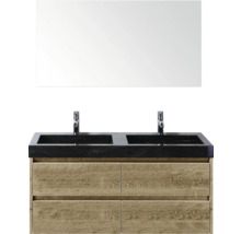 Umývadlová skrinka s dvoma umývadlami, zrkadlom a drevenou spodnou skrinkou do kúpeľne