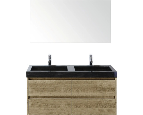 Umývadlová skrinka s dvoma umývadlami, zrkadlom a drevenou spodnou skrinkou do kúpeľne