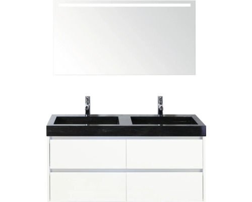 Kúpeľňový nábytkový set s dvojitým umývadlom, spodnou skrinkou a zrkadlom s osvetlením