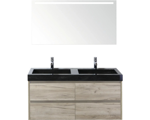 Umývadlová skrinka s dvomi umývadlami, batériami, spodnou skrinkou a zrkadlom s osvetlením do kúpeľne