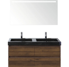 Skrinka pod umývadlo s dvojitým umývadlom, drevenou spodnou skrinkou a osvetleným zrkadlom do kúpeľne