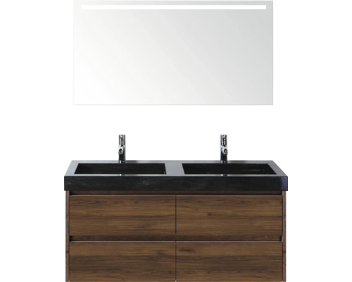 Skrinka pod umývadlo s dvojitým umývadlom, drevenou spodnou skrinkou a osvetleným zrkadlom do kúpeľne