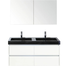 Umývadlo s dvoma umývadlami, batériami, skrinkou a zrkadlovou skrinkou do kúpeľne