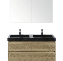 Dvojité umývadlo s dvoma umývadlami, batériami, spodnou skrinkou a zrkadlovou skrinkou do kúpeľne.