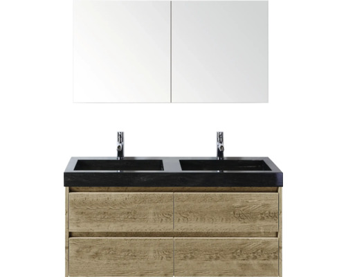 Dvojité umývadlo s dvoma umývadlami, batériami, spodnou skrinkou a zrkadlovou skrinkou do kúpeľne.