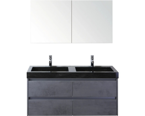 Kúpeľňový nábytkový set s umývadlovou skrinkou, dvoma umývadlami a zrkadlovou skrinkou