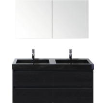 Kombinácia umývadlovej skrinky s dvomi umývadlami, dvomi batériami a zrkadlovou skrinkou