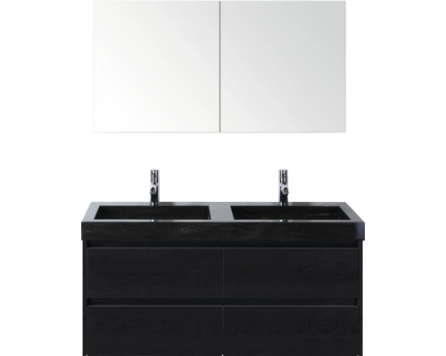 Kombinácia umývadlovej skrinky s dvomi umývadlami, dvomi batériami a zrkadlovou skrinkou