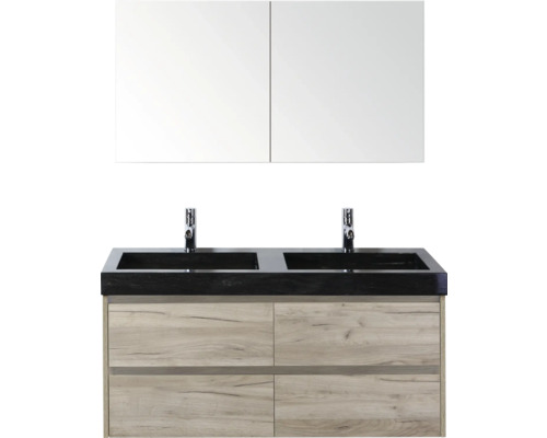 Súprava kúpeľňového nábytku s dvojitým umývadlom, zrkadlovou skrinkou a drevenou spodnou skrinkou