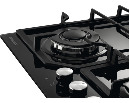 Detailný záber na čiernu plynovú varnú dosku s ovládacími gombíkmi