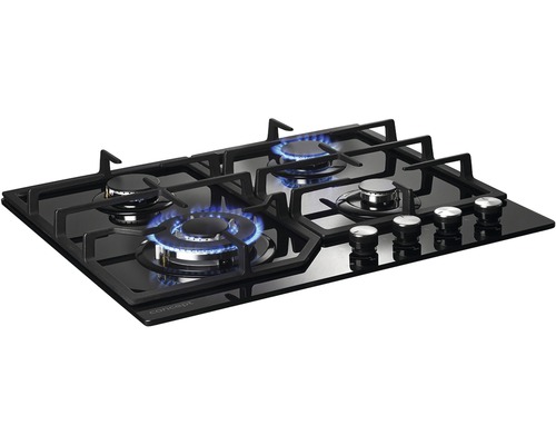 Čierna plynová varná doska so štyrmi horákmi a ovládacími gombíkmi.