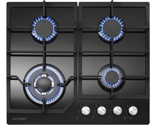 Čierny plynový sporák so štyrmi horákmi a modrými plameňmi