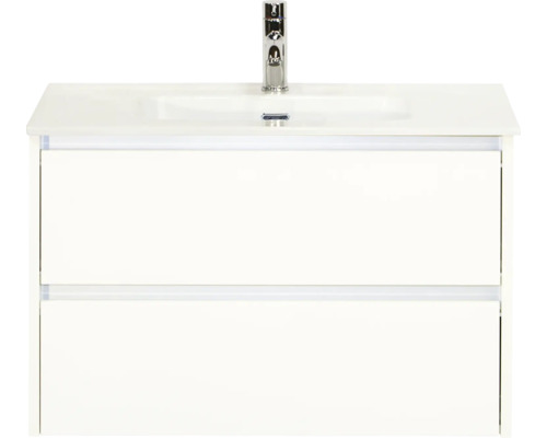 Biela umývadlová skrinka s dvoma zásuvkami a batériou