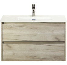 Skrinka pod umývadlo s dvomi zásuvkami, vzhľad dreva a umývadlo na dosku