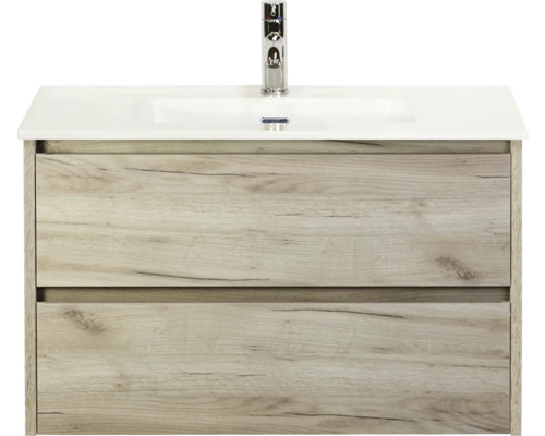 Skrinka pod umývadlo s dvomi zásuvkami, vzhľad dreva a umývadlo na dosku