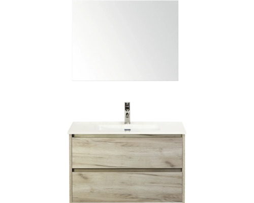 Skrinka pod umývadlo so zrkadlom a dvomi zásuvkami s dreveným dekorom do kúpeľne