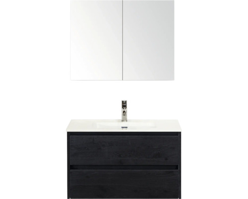 Súprava kúpeľňového nábytku s umývadlom, skrinkou s dvomi zásuvkami a zrkadlovou skrinkou