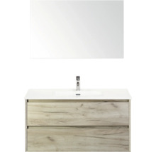 Kombinácia umývadla so zrkadlom, umývadlom a dvoma zásuvkami vo vzhľade dreva