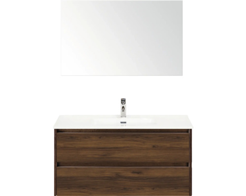 Kúpeľňová zostava Sanox Dante 101 cm vlašský orech Umývadlová zostava so zrkadlom, batériou a spodnou skrinkou so zásuvkami