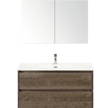 Skrinka s umývadlom so zrkadlovou skrinkou a dvomi zásuvkami vo vzhľade dreva